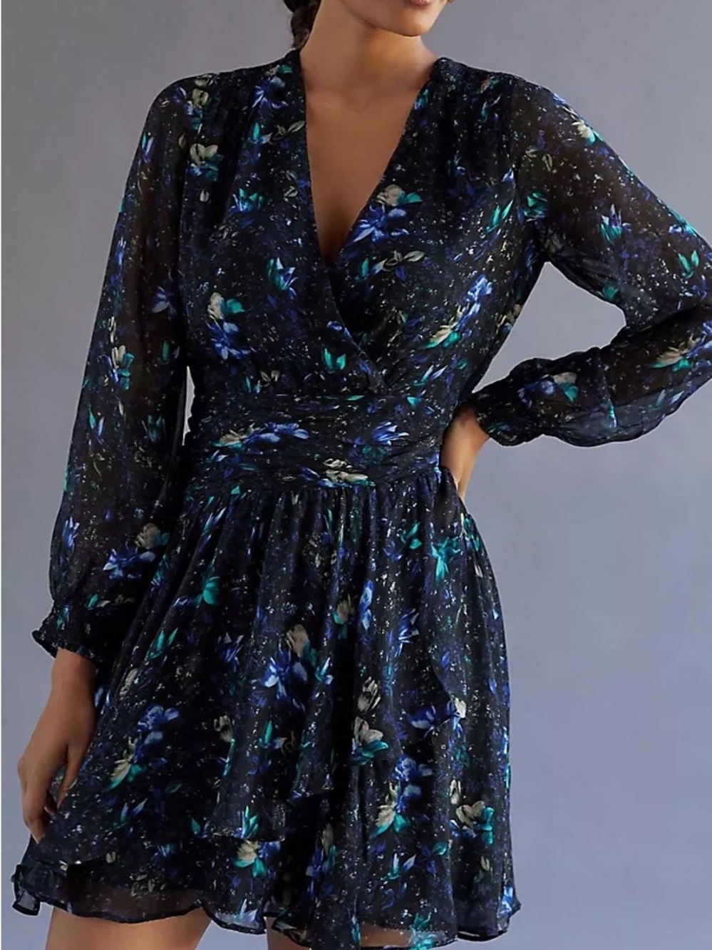 Anthropologie Ruched Floral Mini Dress XL Black Blue